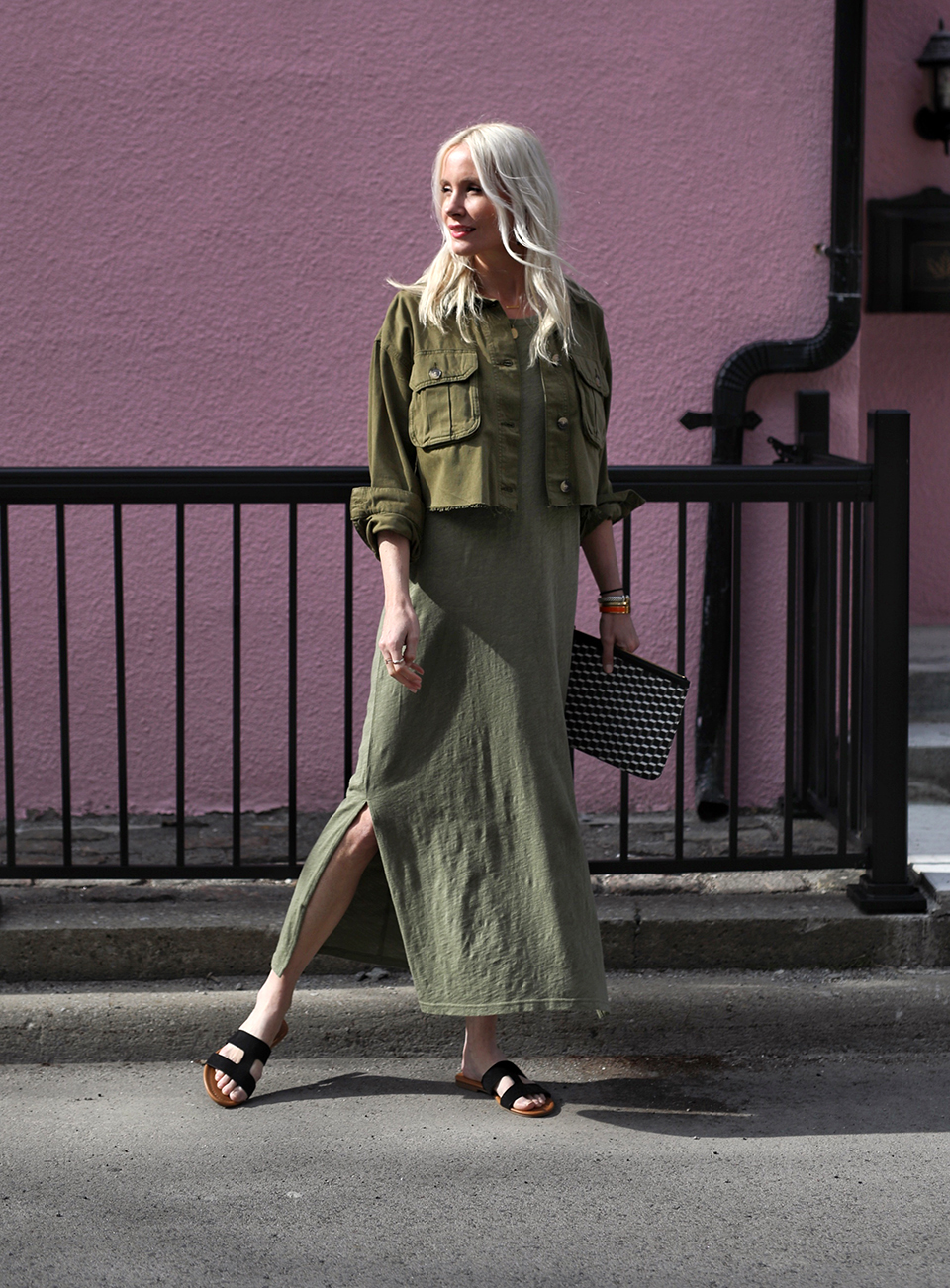 army green dress and utility jacket
